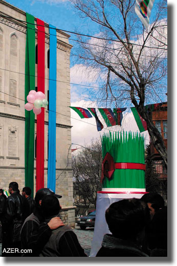 Even the city dresses up for Novruz. Central Baku. Note the national colors of Azerbaijan's flag - blue, red and green.  Pirouz Khanlou