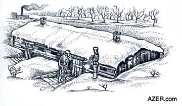 This is a "zemlyanka - the barracks for prisoners where Ogtay Sadigzade used to live while in exile in Altai, in the North Arctic region. The buildings were built three feet underground for warmth. Sketch by Ogtay Sadigzade, made especially for this interview. Ogtay was exiled there for five years. The conditions were so bad that he and some friends begged to go to the war front, but were not allowed because they were "political prisoners".