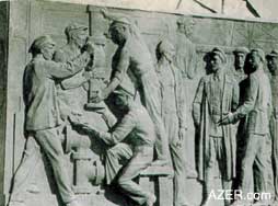 Pedestal of Kirov's statue on the highest hill in Baku overlooking the Caspian. Note that the bas-relief relates to oil drilling. Kirov's statue was dismantled in 1992.