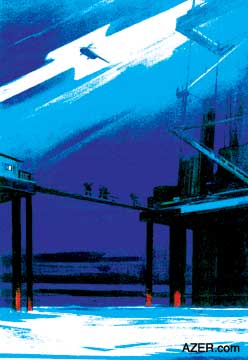 "Accident on the Oil Rigs". The sea always threatens. This painting recalls the tragic accident that happened when an oil rig collapsed and several workers died, including Koverchkni who had been among the pioneers in 1949 who had first extracted oil at Oil Rocks. This painting here in dark blue with the helicopter hovering above the pier commemorates that tragedy. The artist Tahir Salahov explains: "This is not Socialist Realism; it's Severe Art. Few dared to paint like that. But my father had already been executed so what else was there to be afraid of?" This painting here has been computer-enhanced and posterized from the original to emphasize its power and strength.